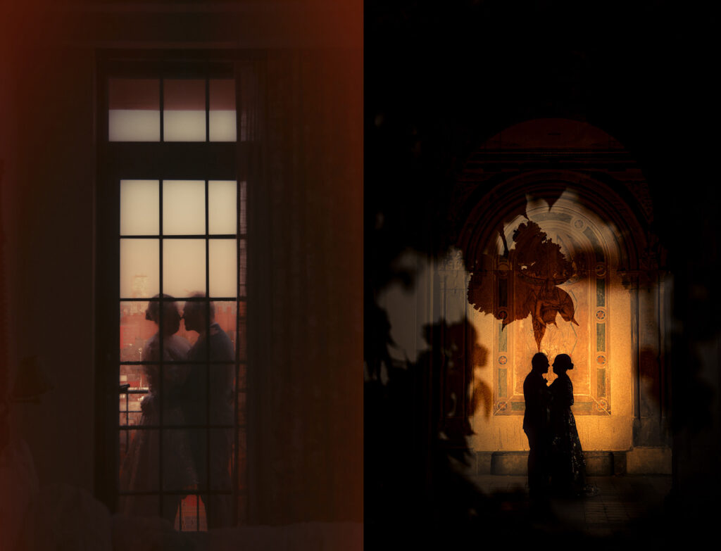 Two pictures of a couple standing in front of a window during their NYC elopement.