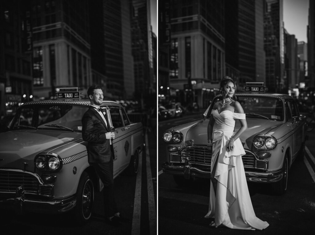 Two black and white photos of a bride and groom in front of a taxi cab captured during their wedding at Gotham Hall.