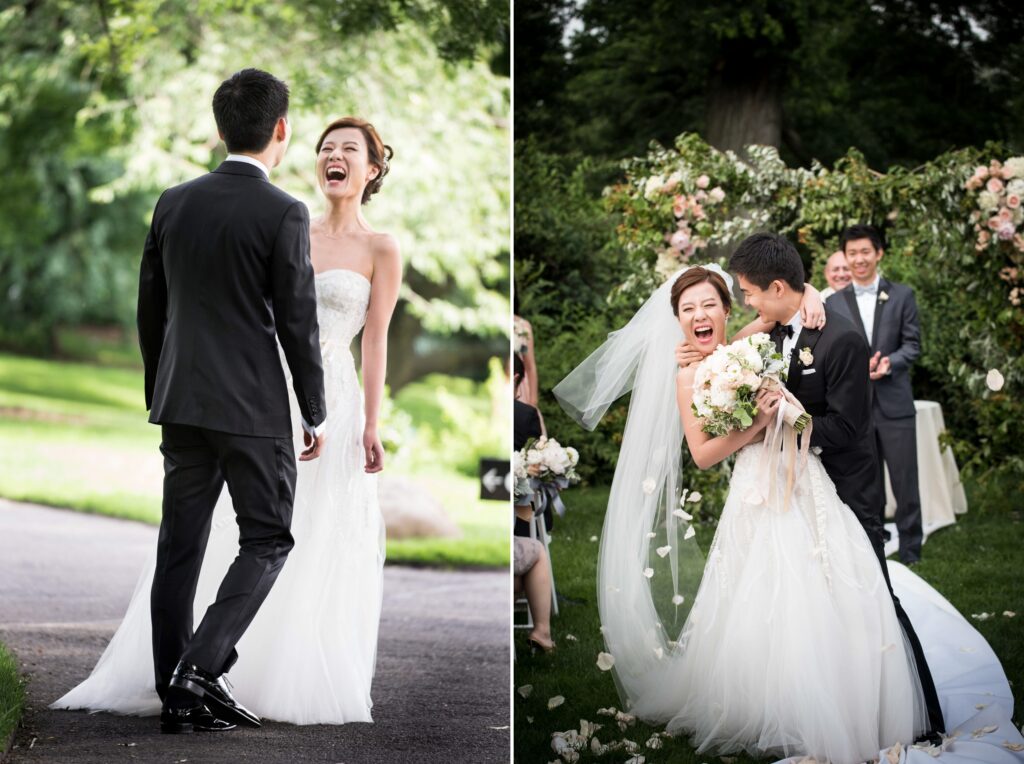 Two pictures of a bride and groom passionately kissing in the beautiful setting of the Brooklyn Botanic Garden Wedding.