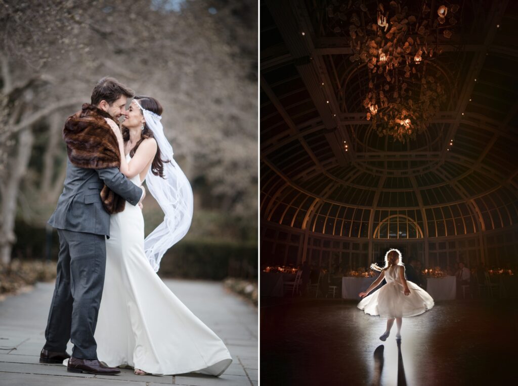 A bride and groom sharing a kiss in front of a glass dome at their beautiful Brooklyn Botanic Garden Wedding.