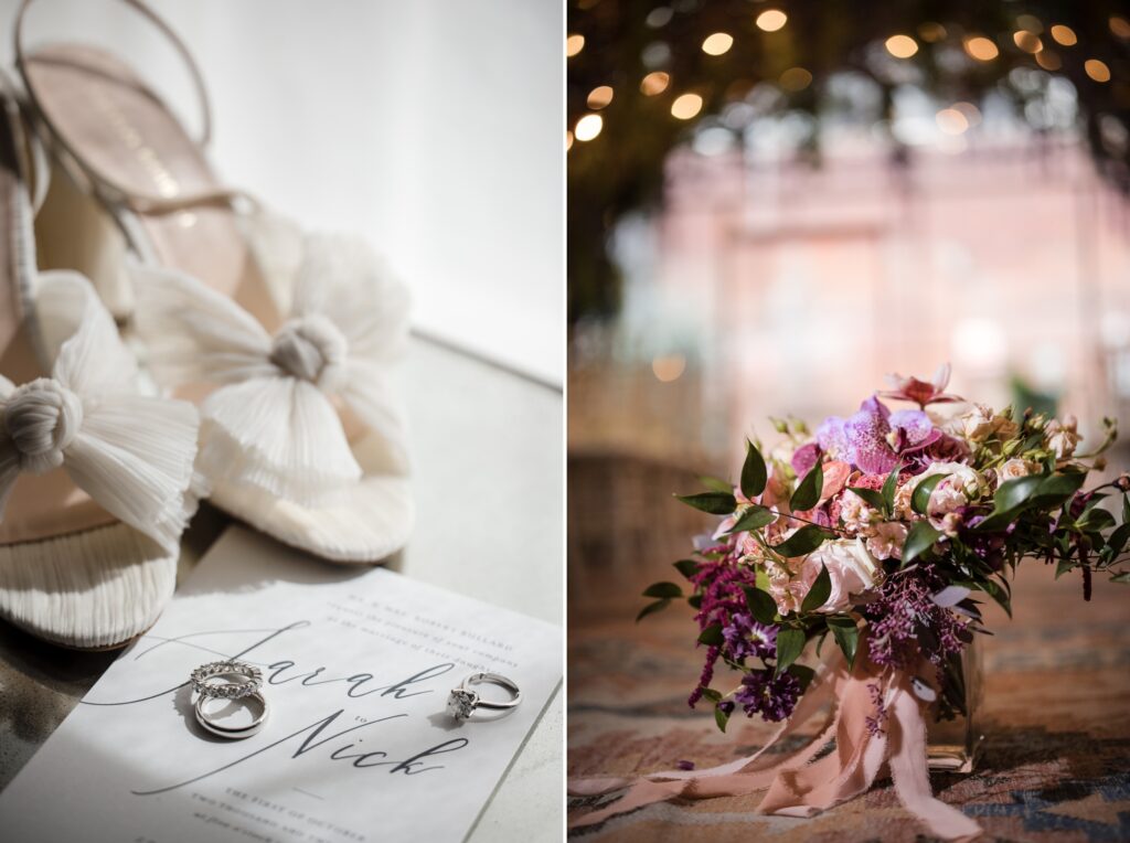 A pair of wedding shoes and a bouquet of flowers for a New York wedding at the Beekman Hotel.