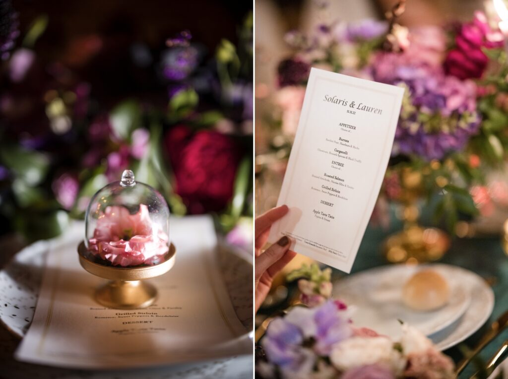 A wedding table setting with flowers and a menu under a glass dome at the Beekman Hotel in New York.