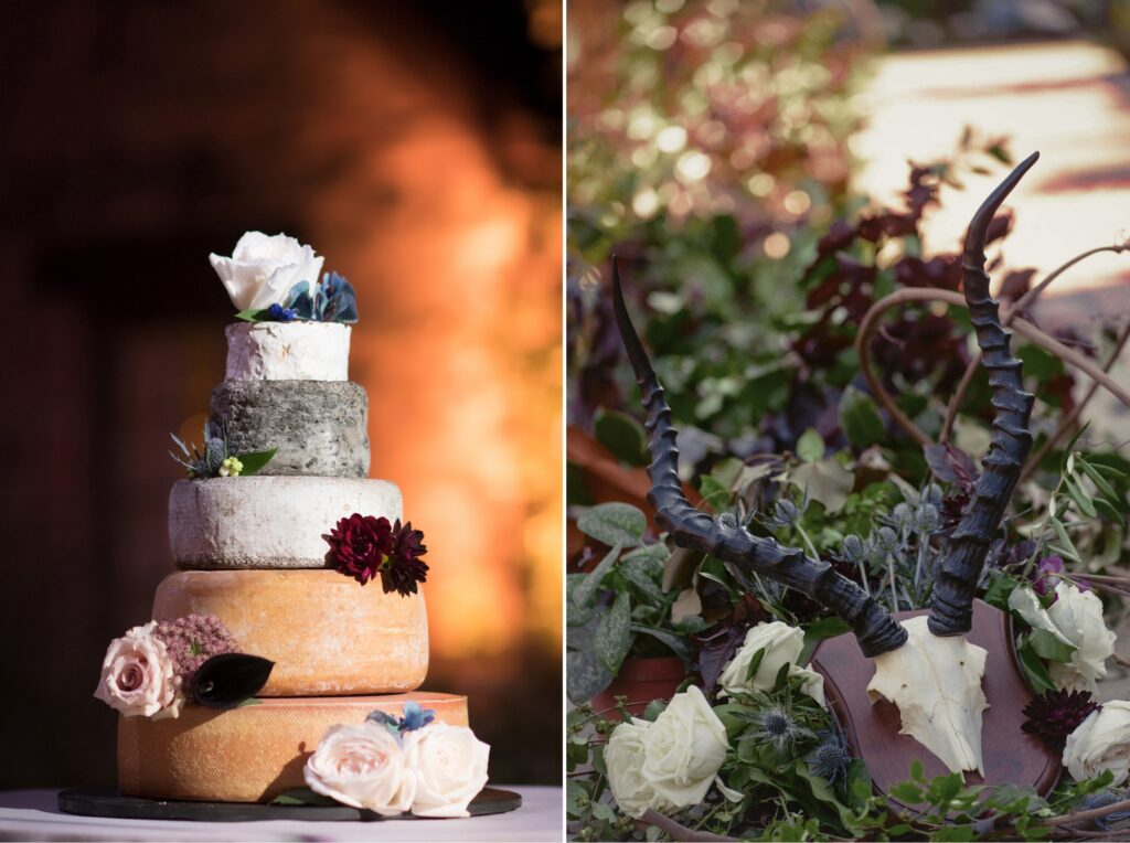 A Wedding Cake Decorated with Cheese and Flowers at Blue Hill at Stone Barns Wedding.