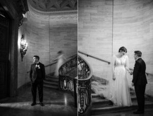 A bride and groom sharing their "first look" moment on the stairs of a building, capturing the heartfelt emotions of their wedding day.