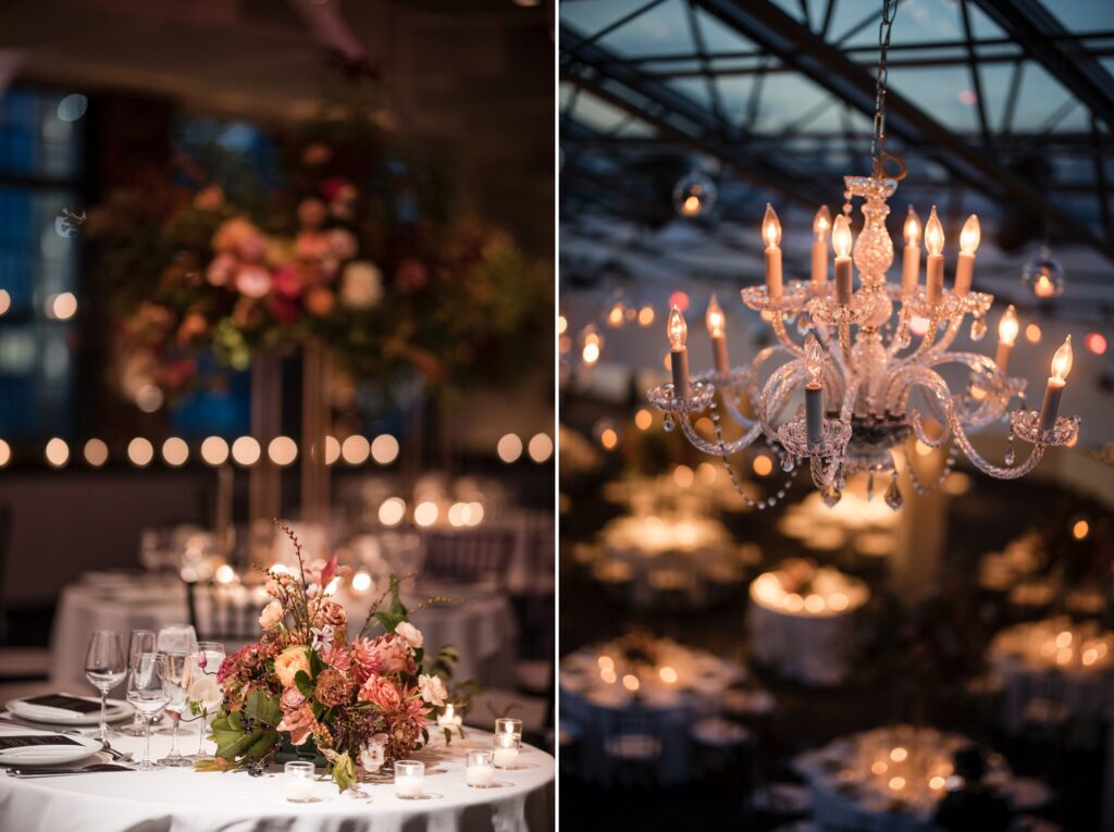 Two pictures of a Tribeca Rooftop wedding reception with a chandelier.