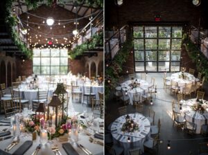 The Foundry wedding reception, elegantly arranged in an old warehouse.