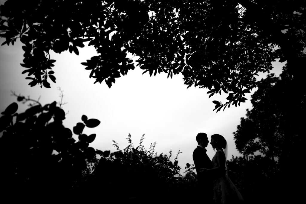 A bride and groom are silhouetted under a tree during their Tribeca Rooftop wedding.