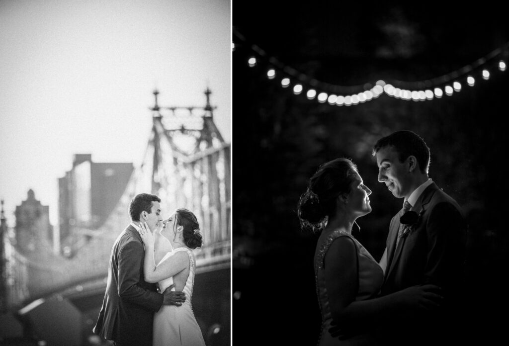 A bride and groom sharing a passionate kiss in front of the iconic Queensboro Bridge, capturing the perfect wedding moment at The Foundry.