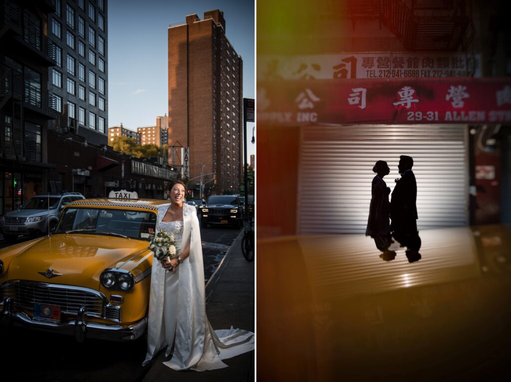 A vintage NYC cab serving as a backdrop for a wedding couple.
