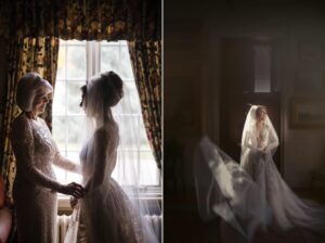 A bride and her mother, elegantly dressed in wedding attire, standing in front of a window at Lyndhurst Mansion.