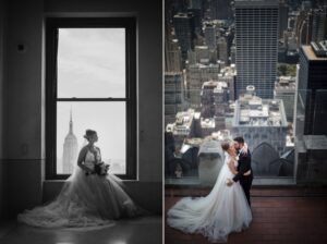 A Top of the Rock wedding with a bride and groom standing in front of a window overlooking the city.