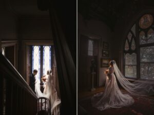 A bride and groom standing in front of a stained glass window at a Lyndhurst Mansion wedding.
