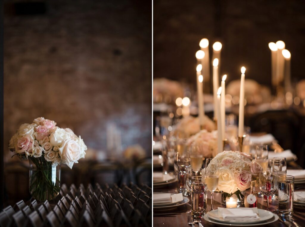 A stunning wythe hotel wedding table setting adorned with candles and flowers.