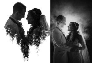 Two pictures of a bride and groom at an Estate at Florentine Gardens wedding, with smoke in the background.