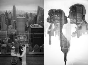 Two photos of a bride and groom on top of Top of the Rock during their wedding celebration.