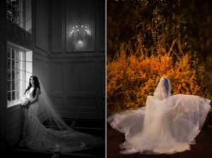 Two photos of a bride with her veil in front of a window at the Estate at Florentine Gardens wedding venue.