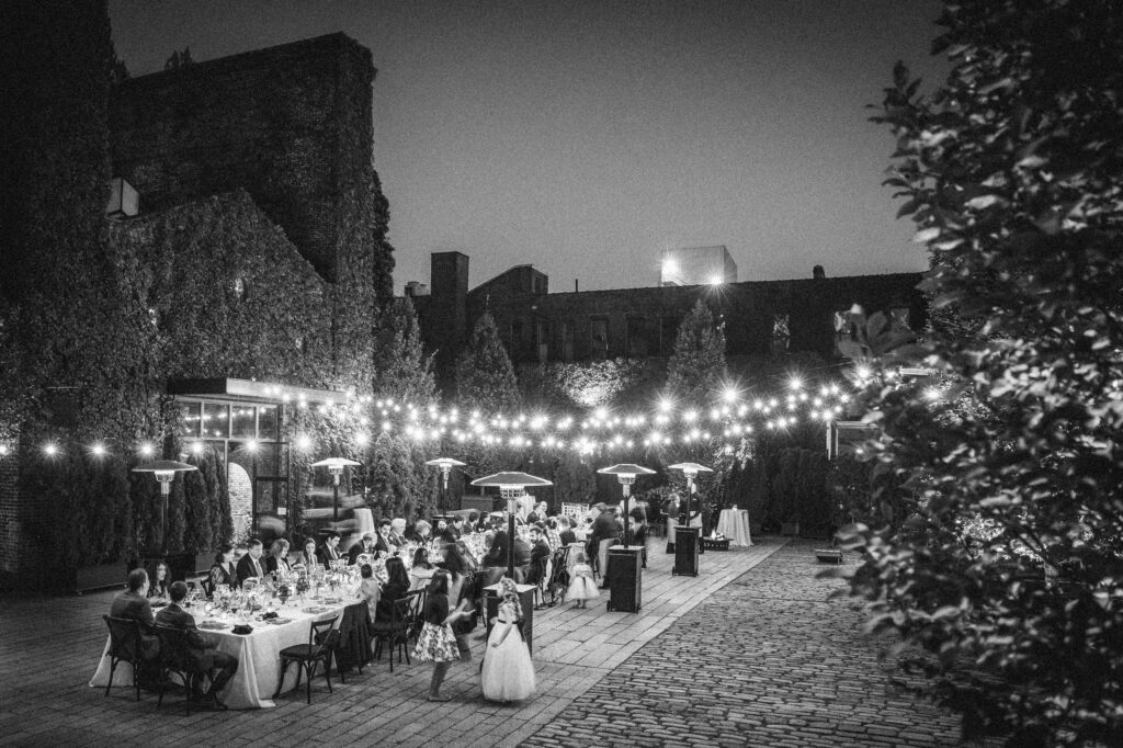 A black and white photo of a wedding reception at The Foundry.