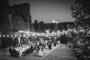 A black and white photo of a wedding reception at The Foundry.