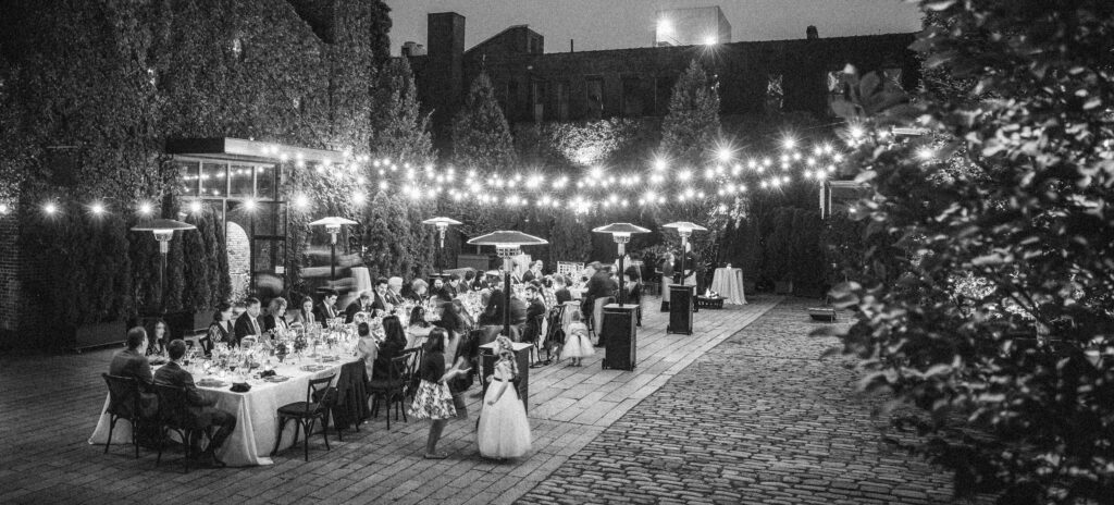 A black and white photo of a wedding reception at The Foundry.