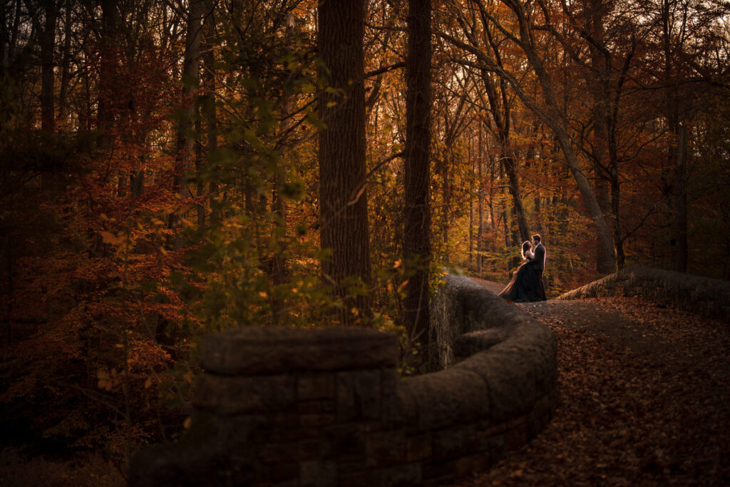 An affectionate embrace between a couple dressed in formal engagement attire, set against a backdrop of autumnal woods