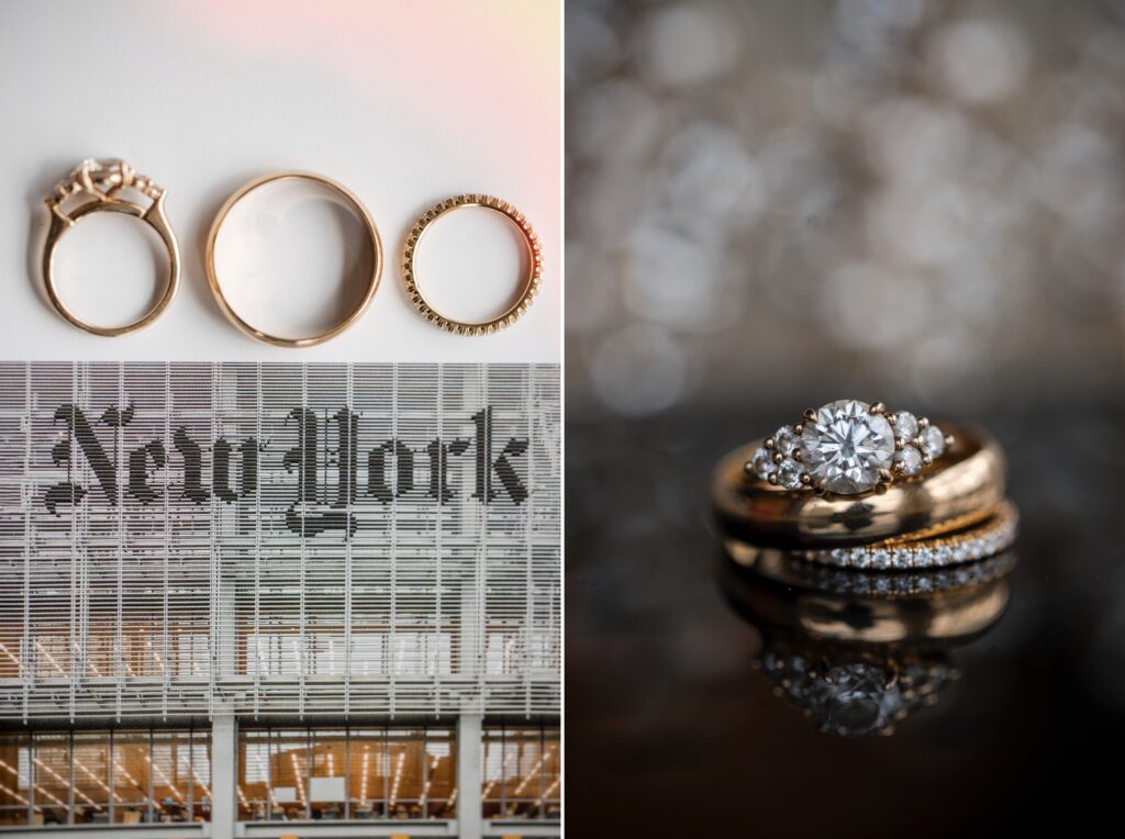 A wedding ring and rings in front of the Modernhaus Soho building in New York City.