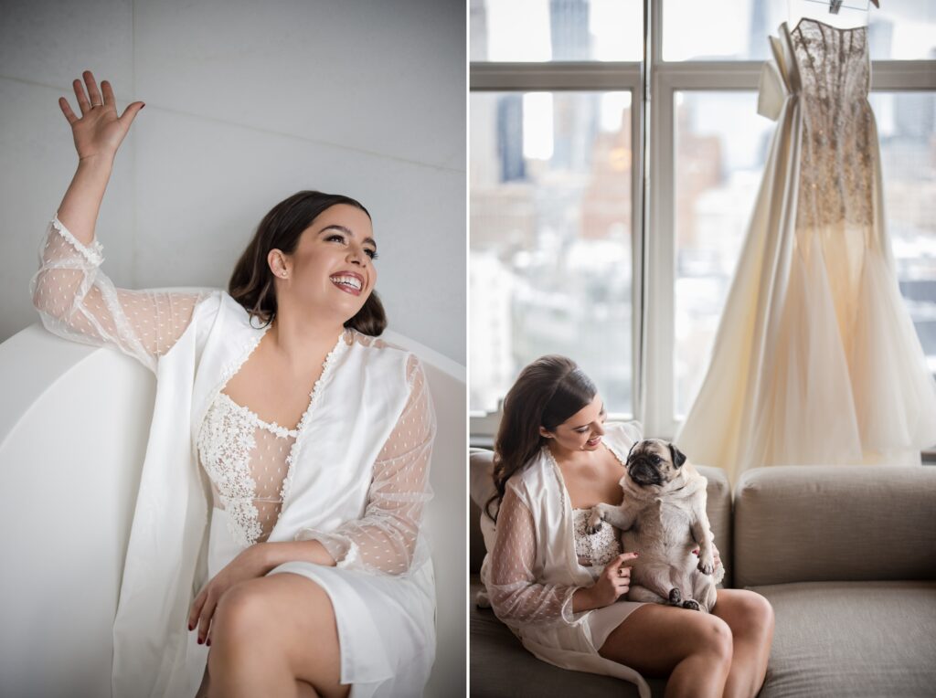 A bride in a robe and a dog in a window at a Modernhaus Soho wedding.