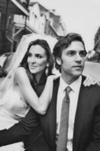 A black and white photo of a bride and groom at a New Orleans destination wedding.