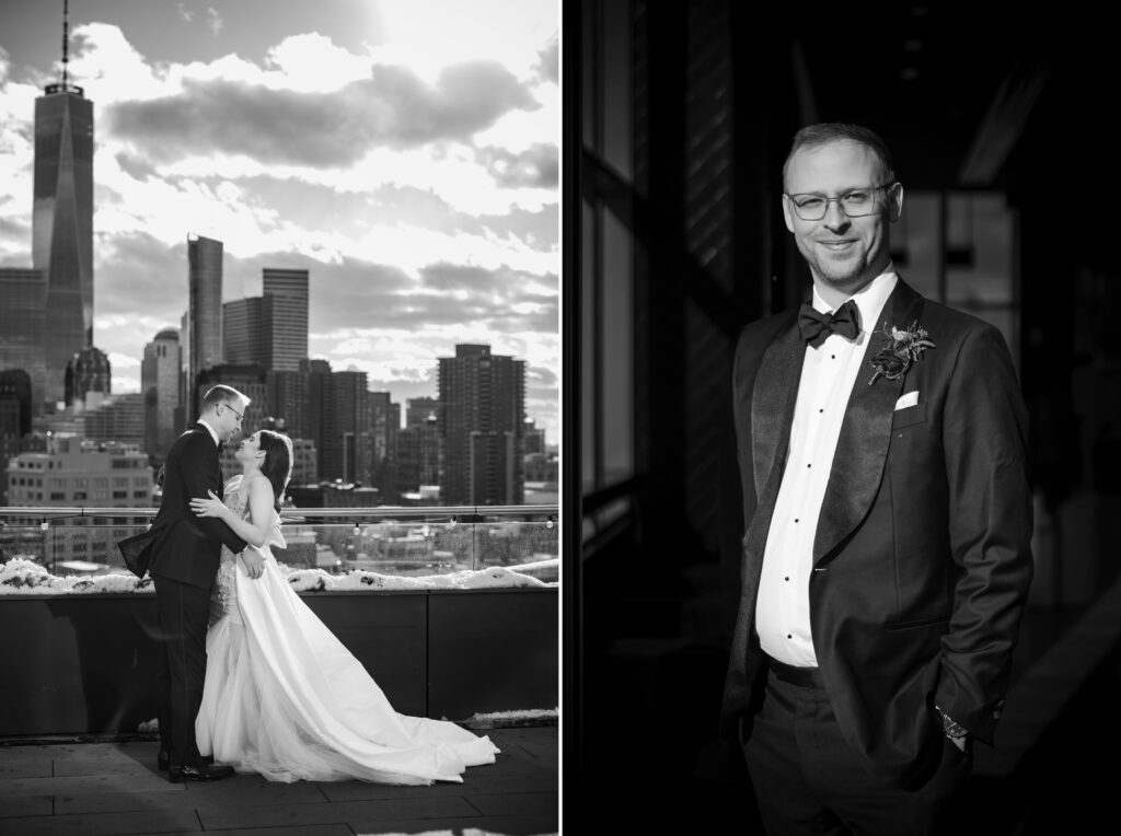 A bride and groom posing on a rooftop in Modernhaus overlooking the city.