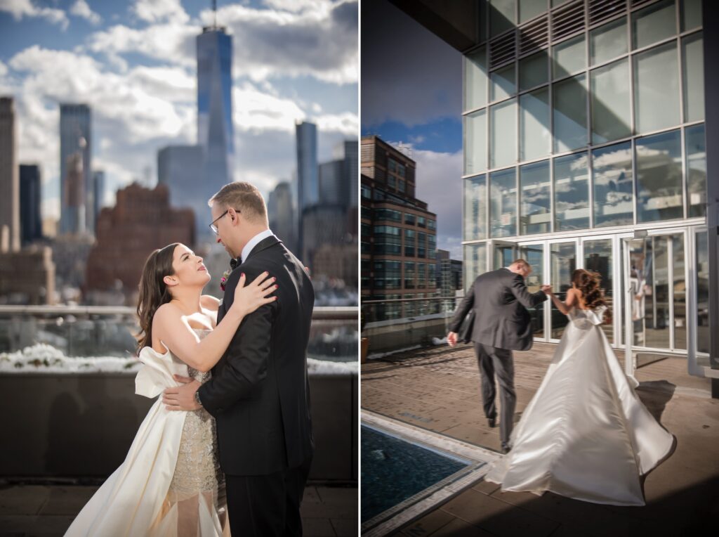 A bride and groom standing on the roof of a Modernhaus building with a view of Soho.