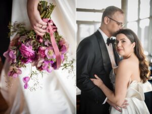 A bride and groom embracing in front of a wedding bouquet at their Modernhaus Soho wedding.