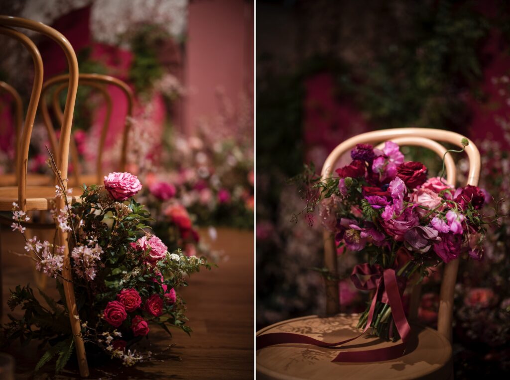 Two modern chairs adorned with creative florals, perfect for a Soho wedding.
