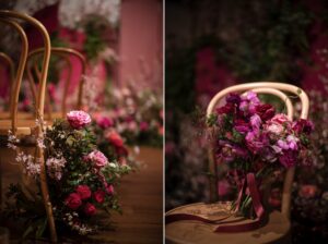 Two modern chairs adorned with creative florals, perfect for a Soho wedding.