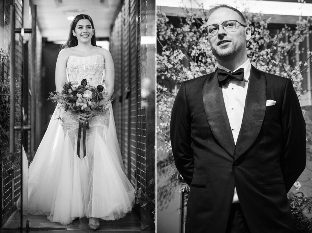 A modern bride and groom in a tuxedo standing in a hallway at their Soho wedding.