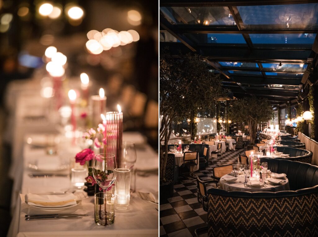 Two pictures of a dinner table with candles and flowers from a "Modernhaus Soho" wedding reception at Twenty-Three Grand.