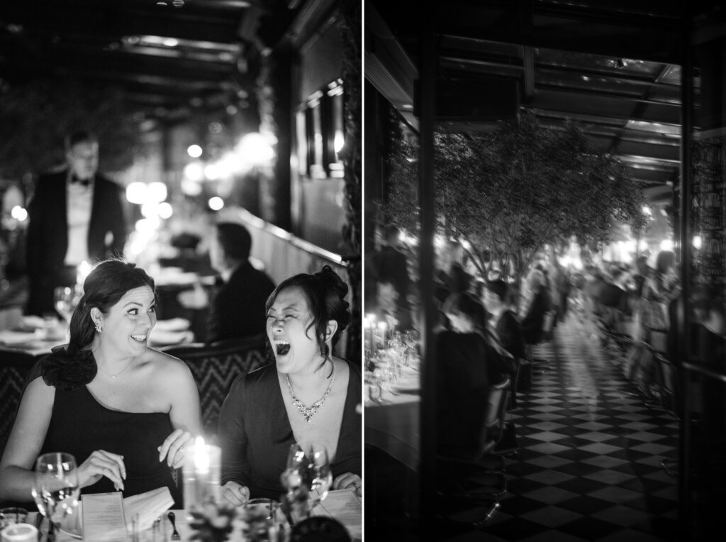 Two black and white photos of a stylish Modernhaus Soho wedding.