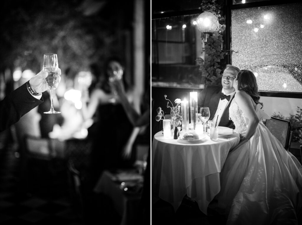 Two black and white photos of a bride and groom toasting glasses at a Modernhaus Soho wedding.