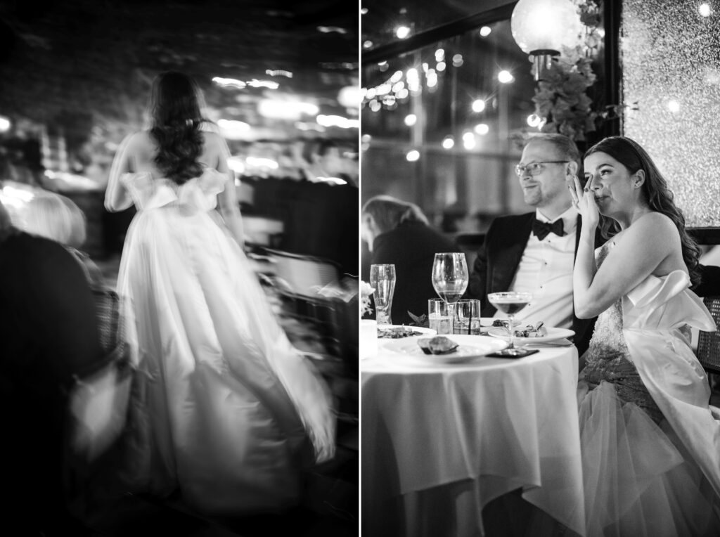 Two modern black and white photos of a bride and groom sitting at a table at the Modernhaus Soho wedding.