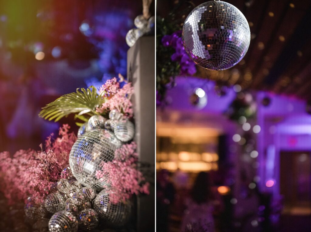 A wedding reception at Modernhaus Soho with disco balls and flowers.