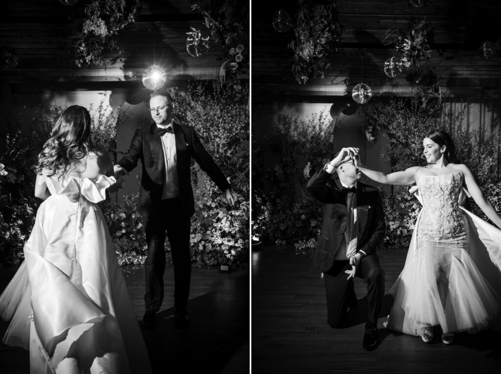 Two photos of a bride and groom dancing during their modernhaus wedding.