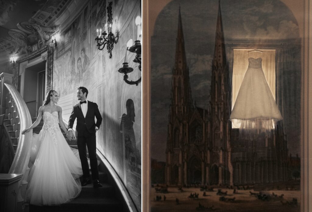 Two black and white photos of a bride and groom in front of The Pierre cathedral at their wedding.