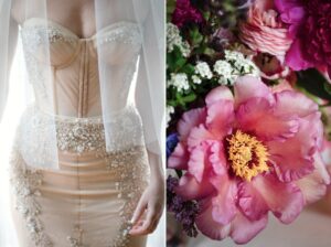 A Wave Hill wedding with a bride in a wedding dress and a peony.
