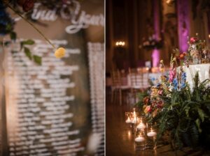 A Hotel duPont wedding reception adorned with beautiful flowers and flickering candles on the elegantly set table.