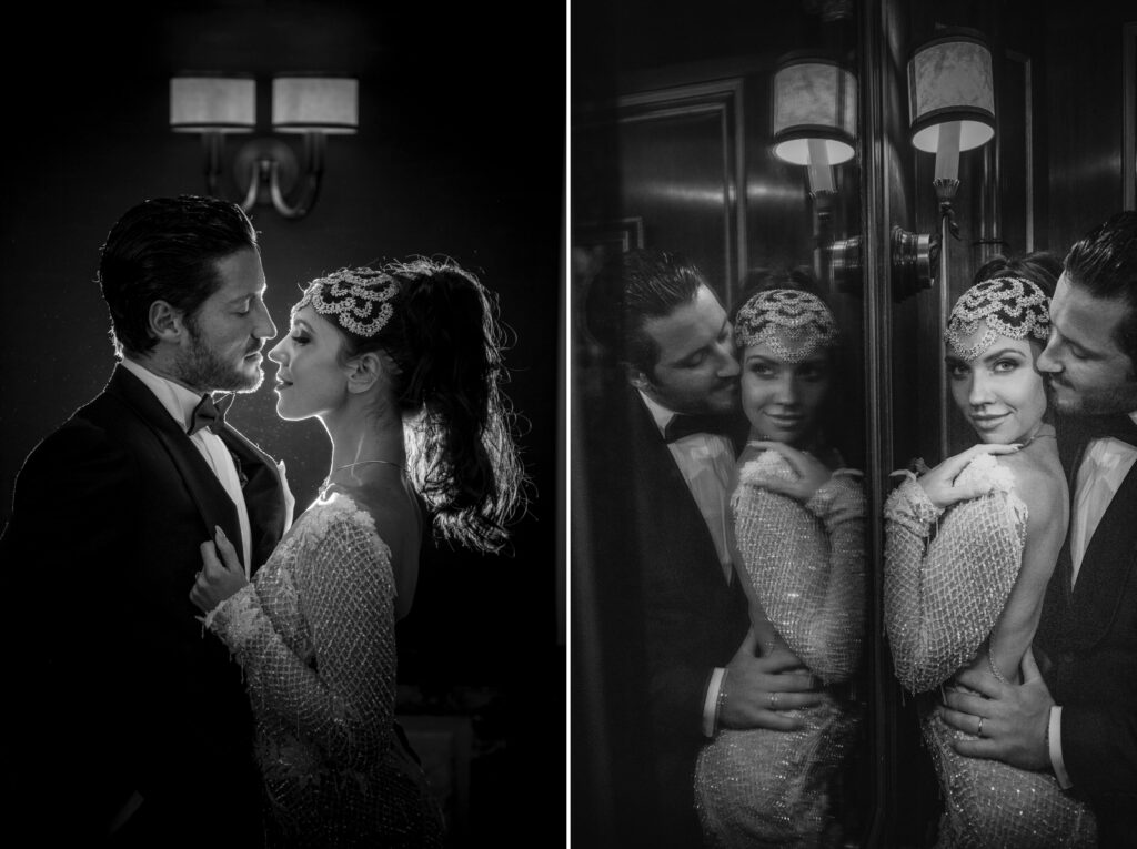 Two black and white photos of a couple in tuxedos at their wedding at The Pierre.