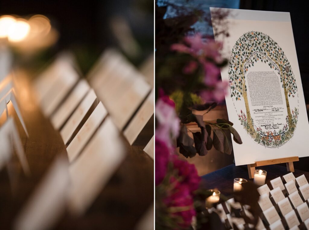 A Wave Hill wedding table adorned with candles and a chuppah.