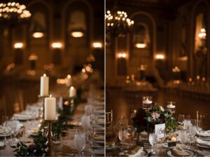 Two pictures of a Hotel duPont wedding table adorned with elegant candles.