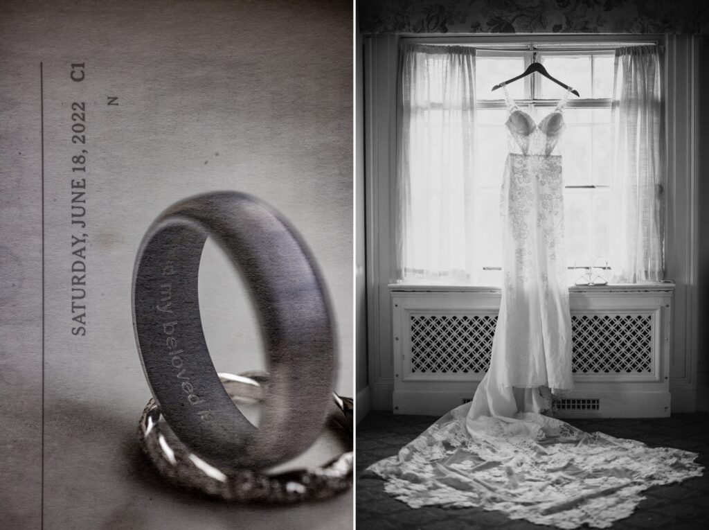 A wedding ring and a bridal gown displayed in a Bourne Mansion-themed composition.