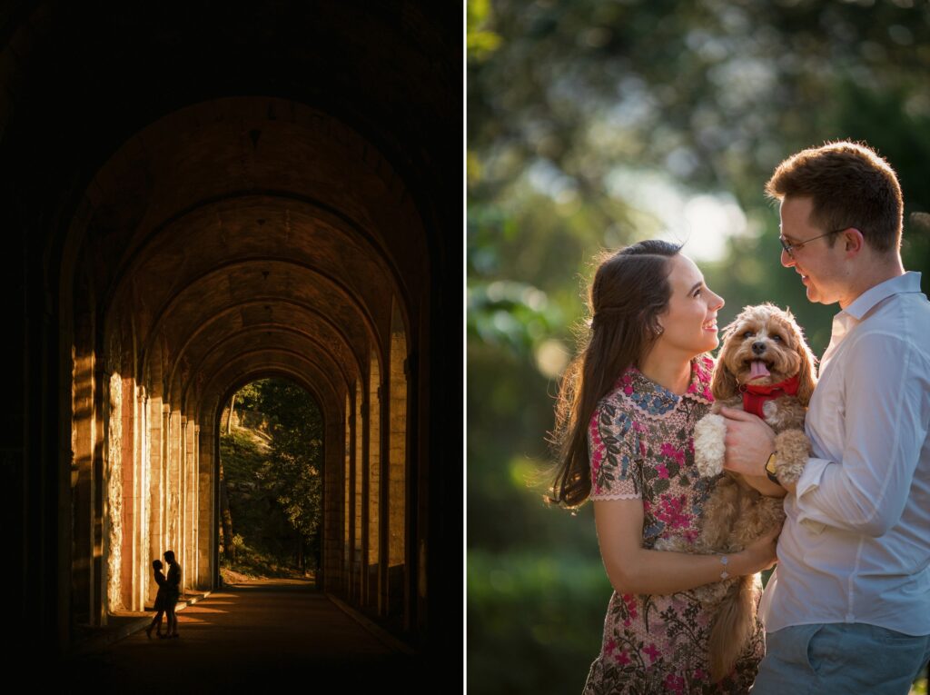 A split-image showcasing a silhouette of a person standing in a sunlit arched tunnel at Fort Tryon Park on the left and a couple holding a dog and gazing at each other affectionately on