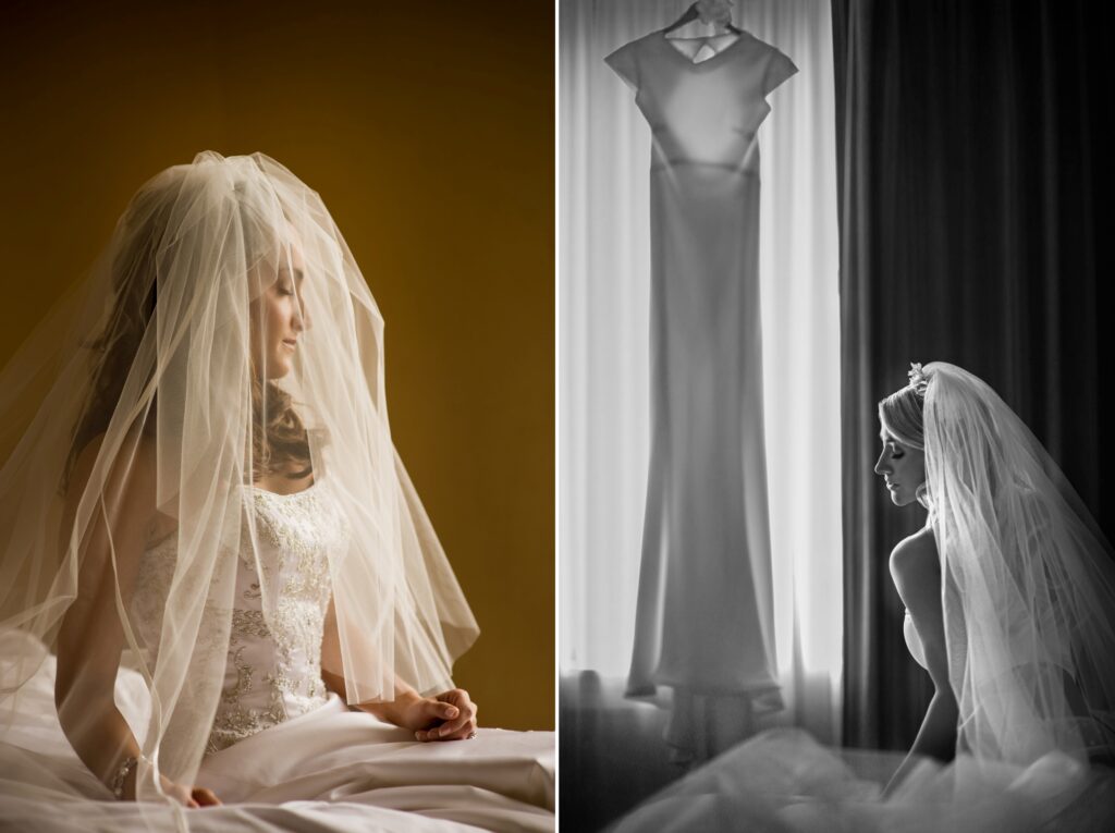 A bride in her Ritz-Carlton Philadelphia wedding dress and veil appears contemplative in two distinct monochrome and color portraits.
