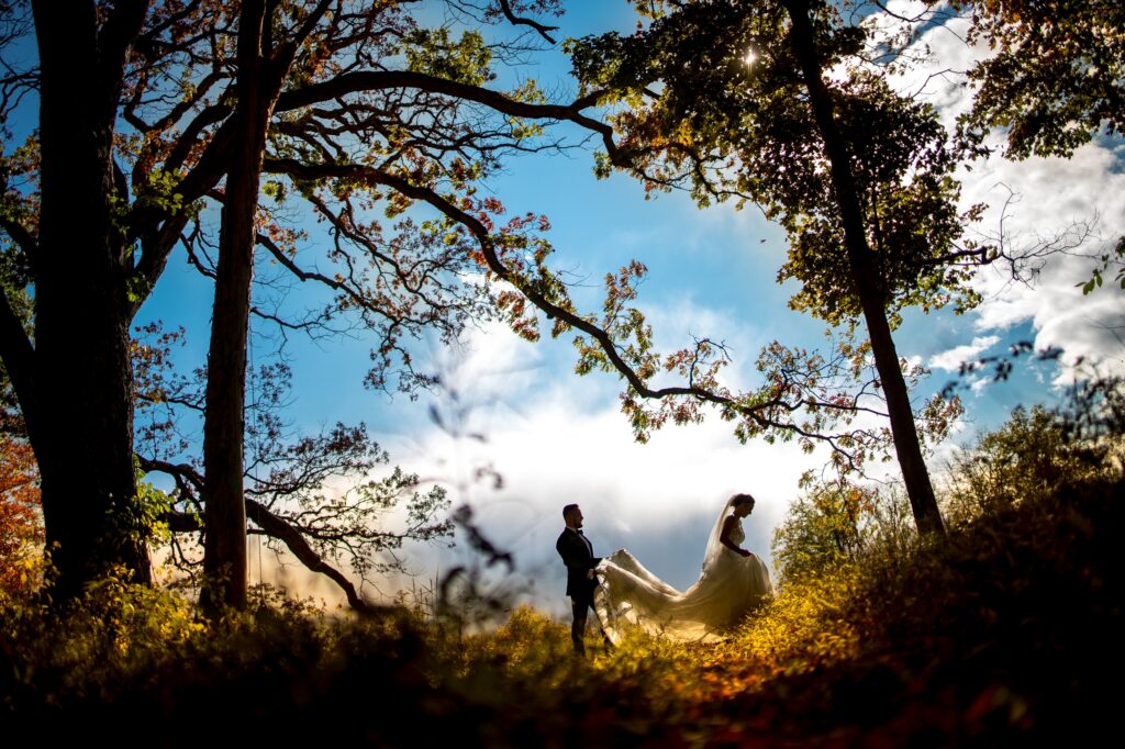 A couple holding hands in Meadow Ridge on the Hudson, in a forest clearing under a canopy of trees, with sunlight filtering through the leaves.