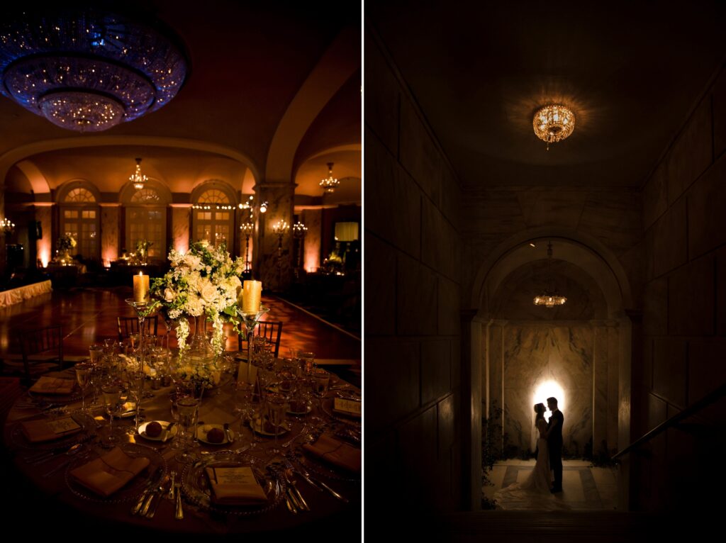 Elegant wedding setting at the Ritz Carlton Philadelphia with ornate table decorations under a grand chandelier juxtaposed with a silhouette of a couple embracing under a lone light source in an archway.